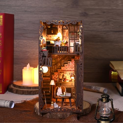 MUNDRI Kit de rincón de libros DIY – Sujetalibros de casa de muñecas en miniatura con luz LED, rompecabezas 3D de madera, decoración de estantería, kits de modelo para adultos, tu propia casa de