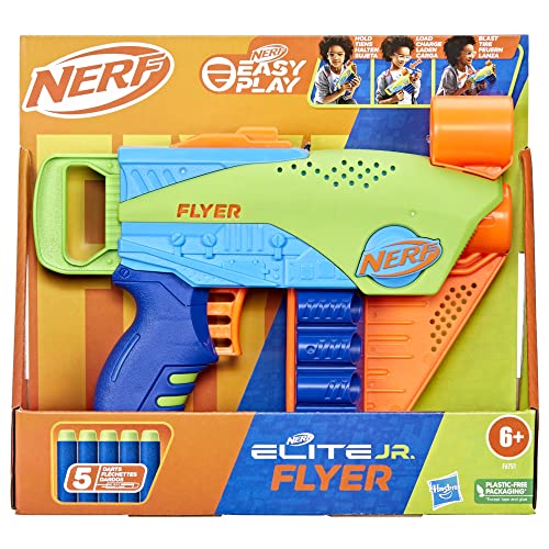 Nerf - Lanzador Elite Jr Flyer Easy-Play - 5 Dardos Nerf Elite - Juegos Exteriores - A Partir de 6 años - Fácil de sostener, Cargar y lanzar