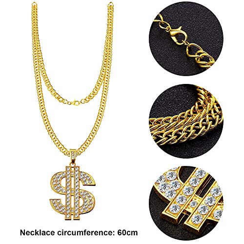 NewZC Kit de Disfraces de Hip Hop Collar de Oro + Anillo de Dólar + Gafas de sol Doradas Decoraciones de fiesta Pop de los Años 80 y 90