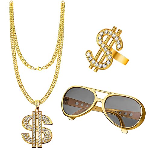 NewZC Kit de Disfraces de Hip Hop Collar de Oro + Anillo de Dólar + Gafas de sol Doradas Decoraciones de fiesta Pop de los Años 80 y 90