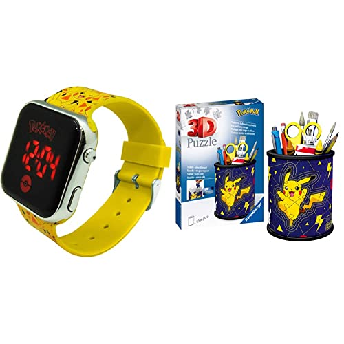Nintendo Kids Euroswan- Reloj LED Pokemon, Multicolor (POK4320) & Ravensburger - 3D Puzzle Portalàpices Pokemon, 54 Piezas, 6+ Años