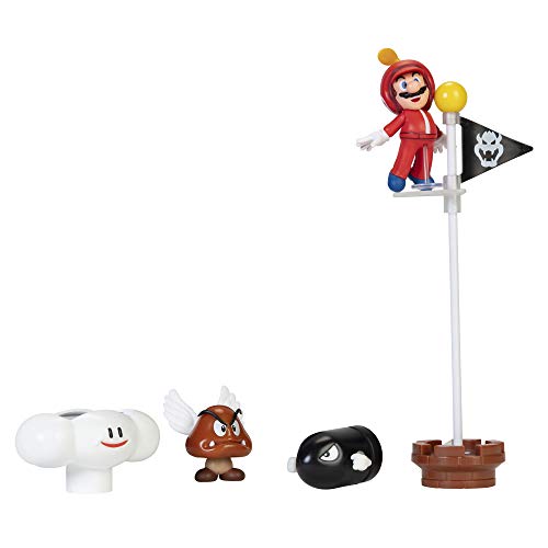 Nintendo Super Mario – Diorama en la Nube con 3 Figuras 6 cm y 2 Accesorios Accionables – La Bandera y la Nube son Accionables – Juguete para Niños 3 años +