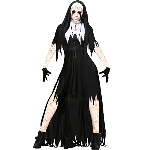 NISHIWOD Disfraz de Monja Halloween para Mujer Cosplay, Disfraz de Fiesta Terrorífico, Disfraz de Monja de Infierno Vestido Guantes Sombreros XL A