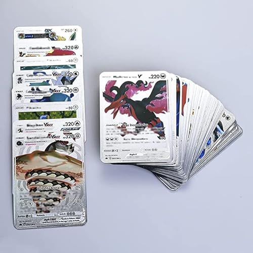 Nuevo 55 Cartas Pokem Plateada en Material PVC, Cartas en Ingles, Tarjetas Aleatoria Basic, V, Vmax, Gx,Vstar (Plateada)