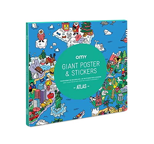 O My Products OMY Póster Atlas con Stickers, Blanco/Negro, 100 x 70