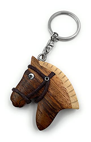 Onwomania Llavero madera cabeza de caballo caballo pony cabestro melena colgante En caja de regalo
