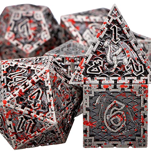 ORIFANTOU DND - Juego de dados de dragón de sangre de metal con caja de regalo, dados de plata antigua D&D, 7 dados poliédricos juego de rol, juego de dados Dungeons and Dragons RPG Cool D y D