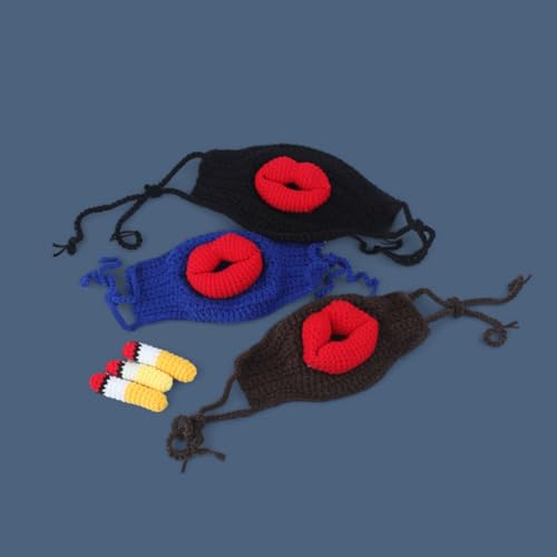 OSMARI Creatividad salchicha boca mano máscara de punto,Quirky boca grande labios rojos máscara hecha a mano DIY máscara de punto con cigarrillos (Amarillo+Azul Oscuro)