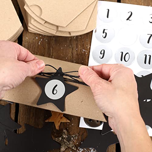 Papierdrachen 24 Cajas de Almohadas para el Calendario de Adviento - con Etiquetas Decorativas y Pegatinas de números - Vintage - Negro - 24 Cajas de Almohadas de cartón - para Rellenar y diseñar
