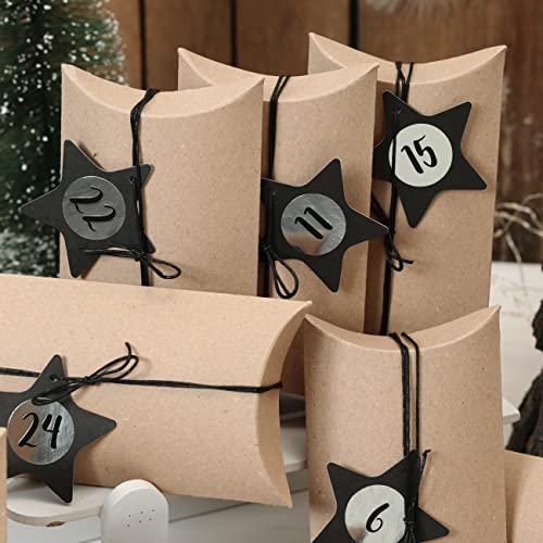 Papierdrachen 24 Cajas de Almohadas para el Calendario de Adviento - con Etiquetas Decorativas y Pegatinas de números - Vintage - Negro - 24 Cajas de Almohadas de cartón - para Rellenar y diseñar