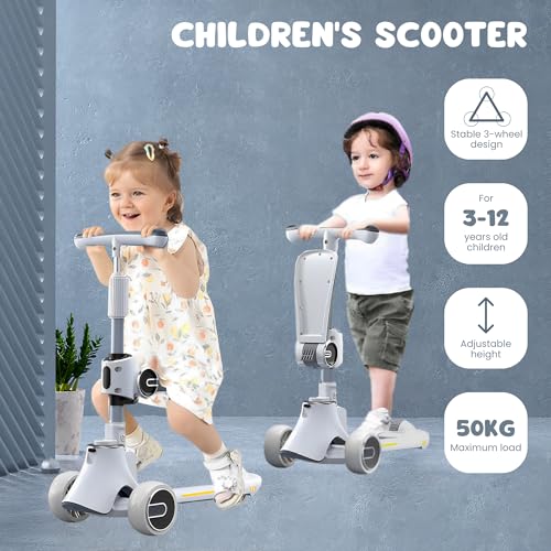 𝗣𝗮𝘁𝗶𝗻𝗲𝘁𝗲 𝗰𝗼𝗻 𝗔𝘀𝗶𝗲𝗻𝘁𝗼 𝗽𝗮𝗿𝗮 𝗡𝗶𝗻̃𝗼𝘀 (3-12 años) Scooter Patín Infantil con Luces LED, 3 Ruedas PU, 4 Alturas Ajustables, Sillin Extraíble, Peso Máximo 50kg.