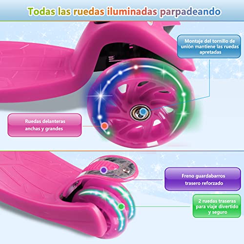 Patinete Niños con 3 Ruedas LED para Niño y Niña de 3 a 12 Años Scooter Infantil Manillar de Altura Ajustable de 68 a 79 cm (Color3)