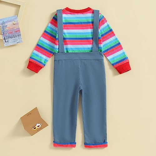 PDYLZWZY Chucky - Disfraz para bebé, camiseta de manga larga con estampado de rayas y tirantes, disfraz de terror de Halloween (azul, 18-24 meses)