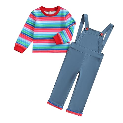 PDYLZWZY Chucky - Disfraz para bebé, camiseta de manga larga con estampado de rayas y tirantes, disfraz de terror de Halloween (azul, 18-24 meses)