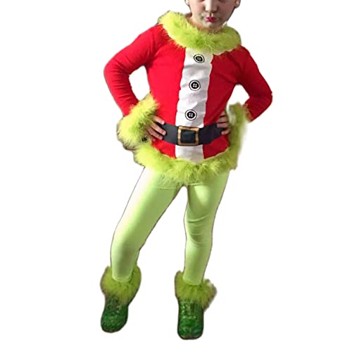 PDYLZWZY Disfraz de Navidad para niños, disfraz de Grinch de Navidad, disfraz de monstruo peludo, pantalones de piel con capucha, juego de 2 unidades (verde rojo, 2-3 años)