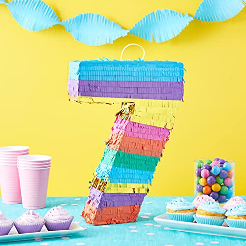 Pequeña piñata arcoíris con el número 7 para fiestas de cumpleaños de niños de 7 años, 29 cm x 16,5 cm x 7,6 cm