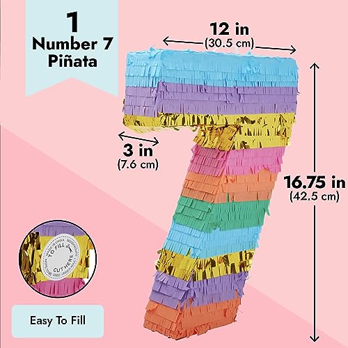Pequeña piñata arcoíris con el número 7 para fiestas de cumpleaños de niños de 7 años, 29 cm x 16,5 cm x 7,6 cm