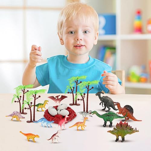 Pequeñas figuras de dinosaurios,Juego educativo STEM de juguetes de dinosaurios de 52 piezas | Juego de dinosaurios con árboles y caja de almacenamiento, regalo de cumpleaños para niños y niñas Upruya