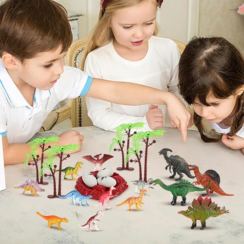 Pequeñas figuras de dinosaurios,Juego educativo STEM de juguetes de dinosaurios de 52 piezas | Juego de dinosaurios con árboles y caja de almacenamiento, regalo de cumpleaños para niños y niñas Upruya