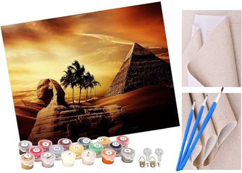 Pintar por Numeros Adultos Sin Marco - DIY Conjunto Completo de Pinturas Surtidas Pintura al óleo Kit Decoraciones para el Hogar -esfinge de la pirámide egipcia 16 * 20 Pulgadas