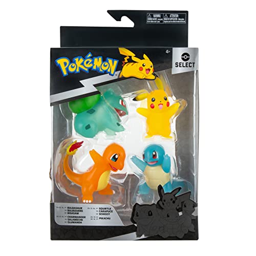 Pokemon PKW2798 Battle - Paquete de 4 Figuras translúcidas con Pikachu de 3 Pulgadas, Charmander, Bulbasaur, Squirtle-Authentic Details, Plateado, Negro