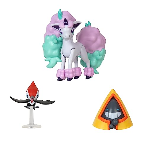 Pokemon-Snorunt, Pikipek, Galarian Ponyta Battle Figure Set – Peppeck, Schneppke, Galar-Ponita, Color, Caracol, Medium (Jazwares PKW3053)