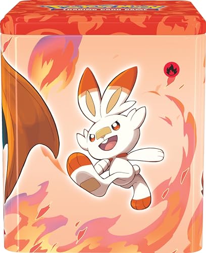 Pokemon TCG: Lata de apilamiento de Fuego - Charizard (3 Paquetes de Refuerzo y Monedas)