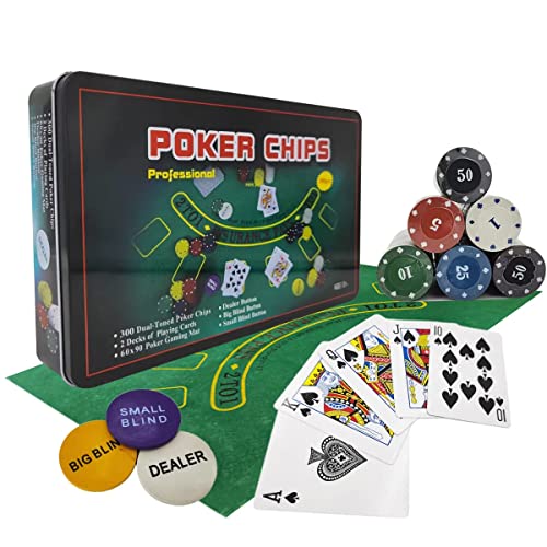powerking Juego de póquer para Texas Holdem, Blackjack 300 fichas, juego de póquer con mantel, juego para familia, amigos, fiestas