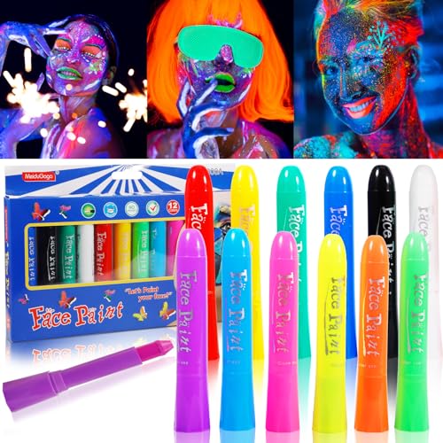 POWZOO Pinturas Cara para Niños,12 Colores (6 Glow+6 Classic),Crayones de Pintura Corporal,UV Fluorescente,Lavable Luminosas para Pintura Facial Set,para Fiestas Temáticas,Carnaval,Halloween.