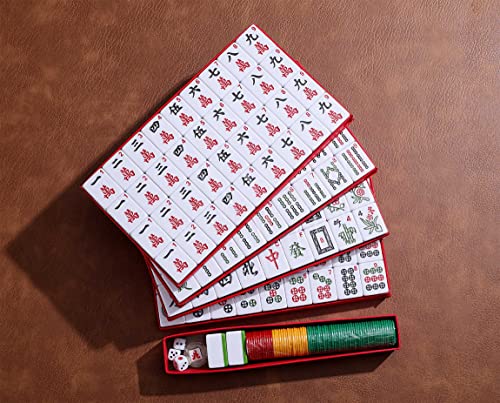 Profesional chino Mahjong 144 Azulejos grandes de melamina numerada de 1.4 pulgadas con estuche de viaje, azulejos de repuesto, dados, fichas, juego completo de instrucciones en inglés (Majiang,