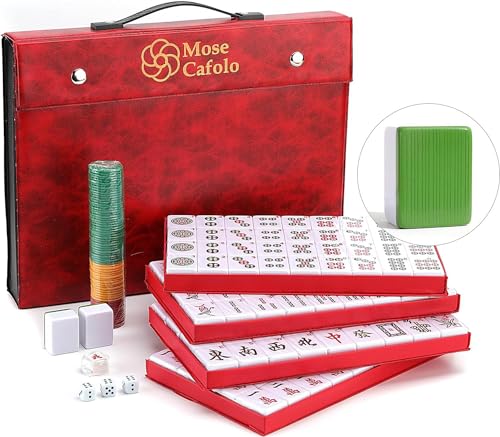 Profesional chino Mahjong 144 Azulejos grandes de melamina numerada de 1.4 pulgadas con estuche de viaje, azulejos de repuesto, dados, fichas, juego completo de instrucciones en inglés (Majiang,