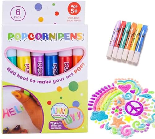 Qklovni Bolígrafos de dibujo de palomitas de maíz, bolígrafos mágicos hinchados, bolígrafo de burbujas hinchado 3D seguro para arte, juego de 6 bolígrafos mágicos de pintura de color de palomitas de