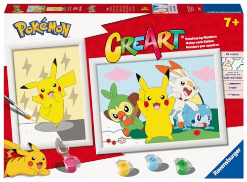 Ravensburger, CreArt Junior Series Pokémon, Kit de Pintura por Números, con 2 Tableros Preimpresos y Pincel, Juego Creativo, 5+ años