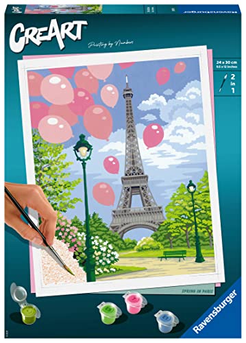 Ravensburger - CreArt Primavera en París, Kit para Pintar por Números, Contiene una Tabla Preimpresa 24x30 cm, Pincel, Colores y Accesorios, Juego Creativo Relajante para Adultos 14+ Años