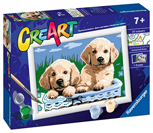 Ravensburger - CreArt Serie E: Perros Retriever, Kit para Pintar por Números, Contiene una Tabla Preimpresa, un Pincel, Colores y Accesorios, Juego Creativo para Niños y Niñas 7+ Años