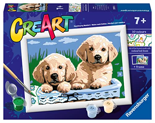 Ravensburger - CreArt Serie E: Perros Retriever, Kit para Pintar por Números, Contiene una Tabla Preimpresa, un Pincel, Colores y Accesorios, Juego Creativo para Niños y Niñas 7+ Años