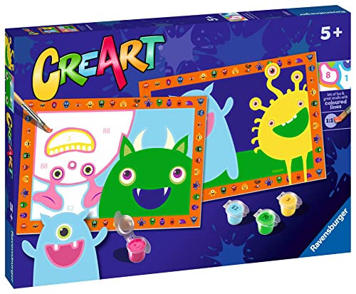 Ravensburger - CreArt Serie Junior: Monsters, Kit para Pintar por Números, Contiene dos Tablas Preimpresas, un Pincel, Colores, Juego Creativo para Niños y Niñas 5+ Años