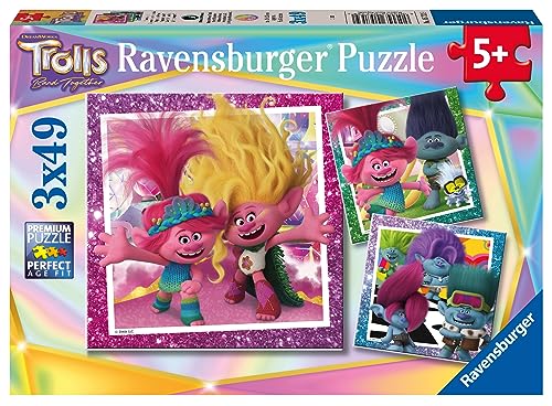 Ravensburger - Puzzle Trolls 3, Colección 3 x 49, 3 Puzzle de 49 Piezas, Puzzle para Niños, Edad Recomendada 5+ Años