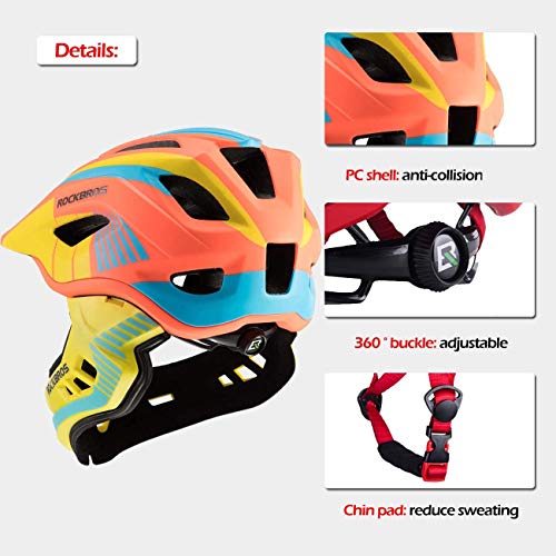 ROCKBROS Casco Integral Niños Mentonera Desmontable, Casco Ajustable Protección Cabeza para MTB BMX Ciclismo S 48-53cm M 53-58cm