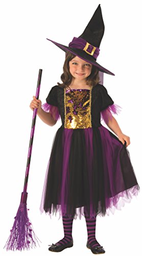 Rubies Disfraz Bruja Mágica para niñas, Vestido dorado y morado con sombrero, Oficial Rubies para Halloween, Carnaval y Navidad