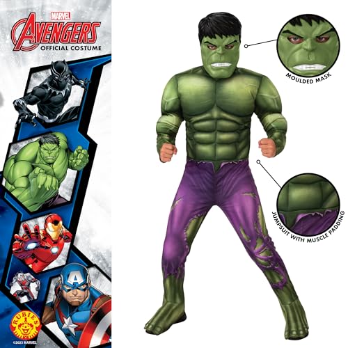 Rubies Disfraz Hulk Deluxe para niños, Jumpsuit con pecho acolchado, cubrebotas y máscara, Oficial Marvel para Carnaval, Navidad, Cumpleaños, Fiestas y Halloween