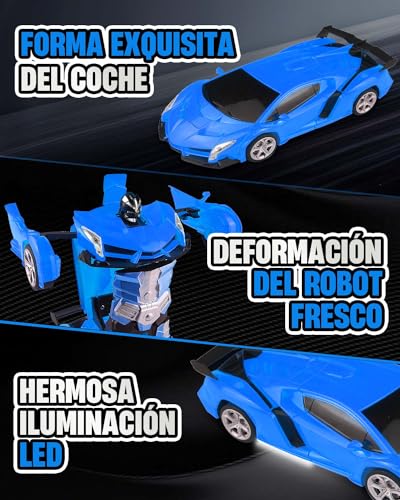 Rumicet Coche Teledirigido Transformers para Niños, 2 in 1 Coche Robot Teledirigido, 2.4GHz Coche Radiocontrol with LED, Transforming Toys Juguetes Regalo para niños de 3 4 5 6 7 años, Azul