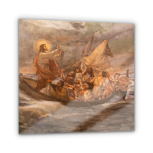 SacroArte 60x60 cm Imagen Fotografía Pintura Sobre Vidrio - Jesús en la tormenta del barco