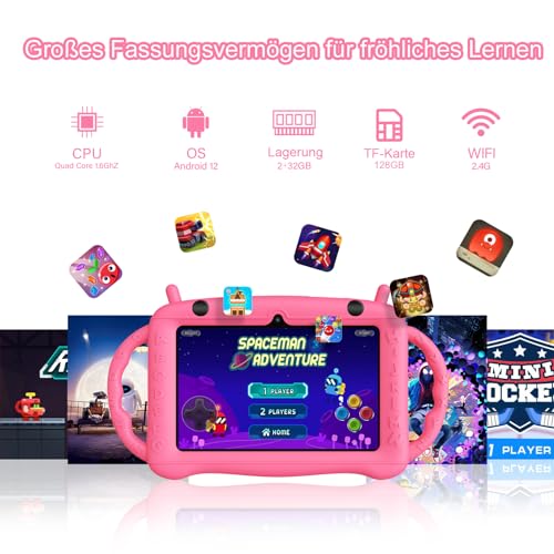 Semeakoko Tablet para Niños Android 12 Kids Tablet 7 Pulgadas Quad Core 2GB+32GB Toddler Tablet Google GMS Control Parental,App Educativa para Niños Preinstalada Pantalla HD Doble Cámara