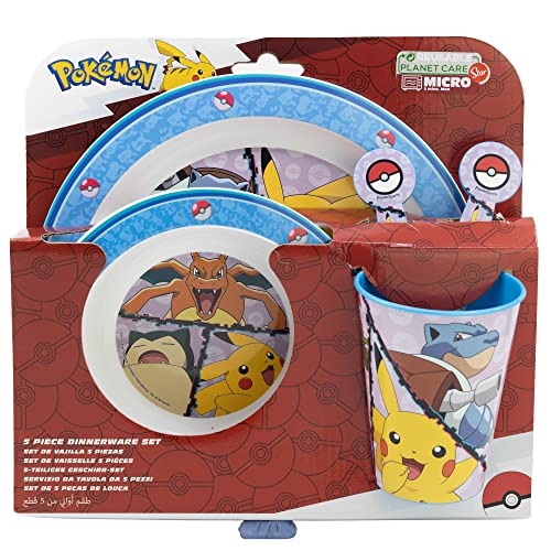 Set vajilla infantil reutilizable apta para microondas compuesta por vaso, plato, cuenco y cubiertos de Pokemon