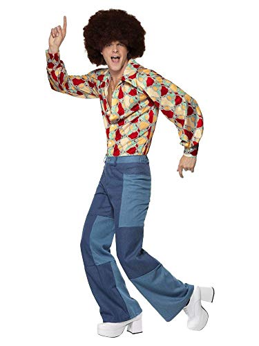 shoperama Disfraz retro de discoteca de los años 70 para hombre, camisa vaquera, pantalones vaqueros, patchwork, botón de baño, bailarina, festival, talla: L