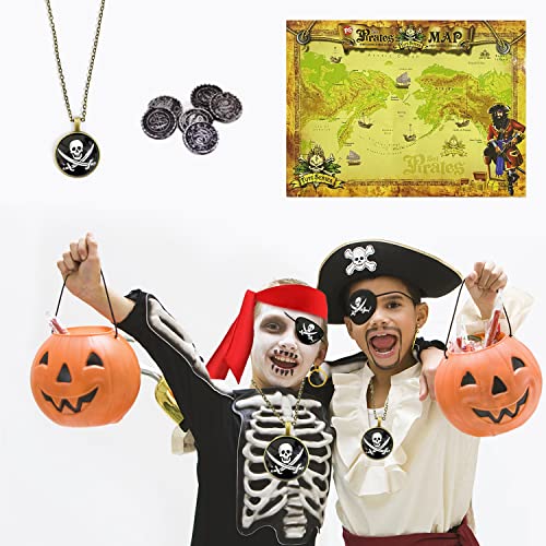 SIKAMARU Juego de accesorios piratas de 6 piezas, aretes piratas, collar, bandana, parche en el ojo, mapa, bolsa de dinero, monedas de oro para Halloween y fiesta pirata