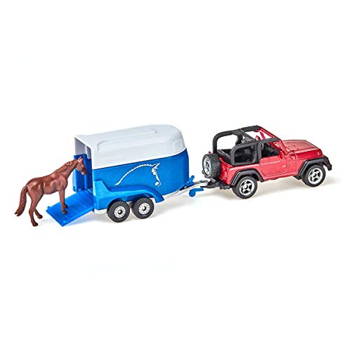 siku 1651, Jeep con remolque para caballos, Metal/Plástico, Multicolor, Incl. 1 caballo de juguete, Plataforma de carga desplegable