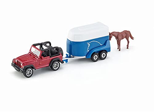 siku 1651, Jeep con remolque para caballos, Metal/Plástico, Multicolor, Incl. 1 caballo de juguete, Plataforma de carga desplegable