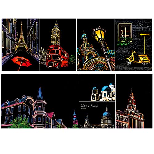 SiYear Scratch Paper Rainbow Painting Sketch, City Series Night Scene, Scratch Painting Creative Gift, Scratchboard for Adult and Kids, with 4 Tools（8PACK）